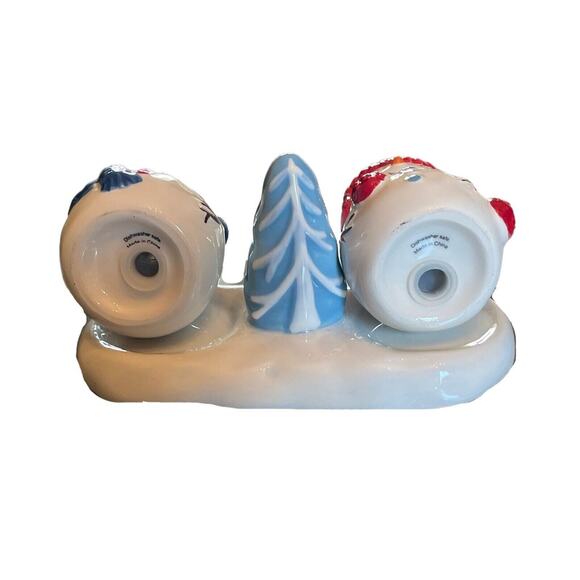 St Nicholas Square Let It Snow Snowman Salt & Pepper Shakers With Stand GUC 3 PC - Picture 4 of 9